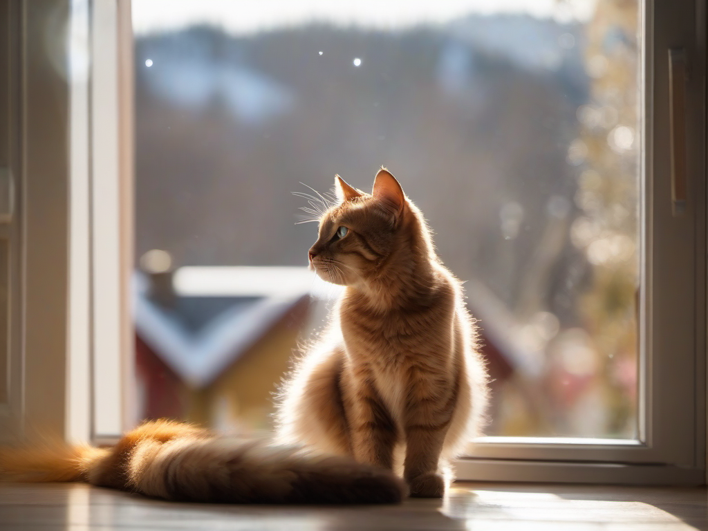 Verschmuste getigerte Hauskatze spielt mit einem bunten Federangel-Spielzeug im Wohnzimmer